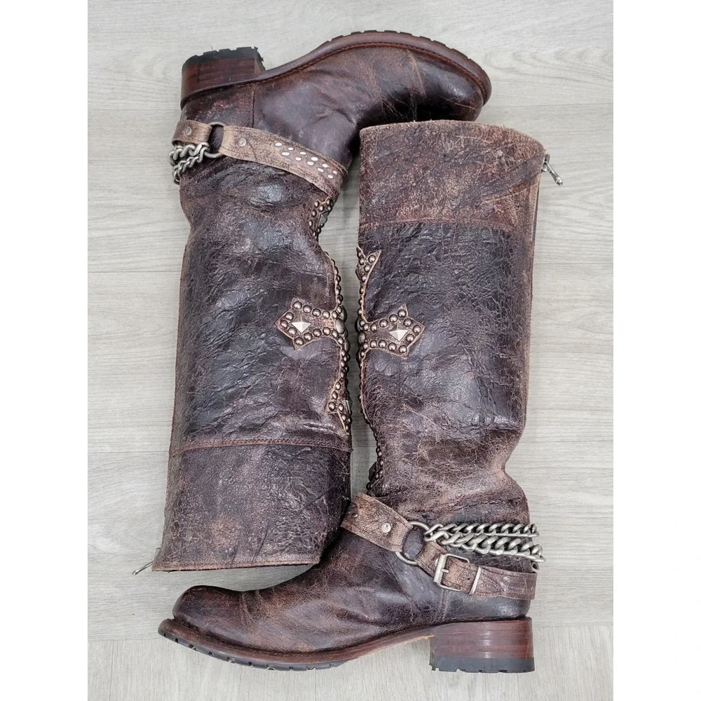 Vintage SENDRA Knee High Western Leather Belted With Big Cross Boots 9.5